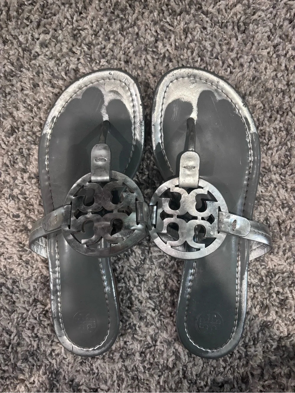 Tory Burch Silver Metallic Logo Thong Sandals